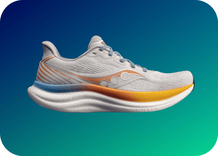 The limited-edition Every Woman's Marathon x Saucony Triumph 23 shoe, against a blue and green gradient.