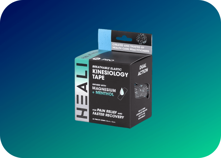 A brightly lit box of HEALI tape against a blue and green gradient.