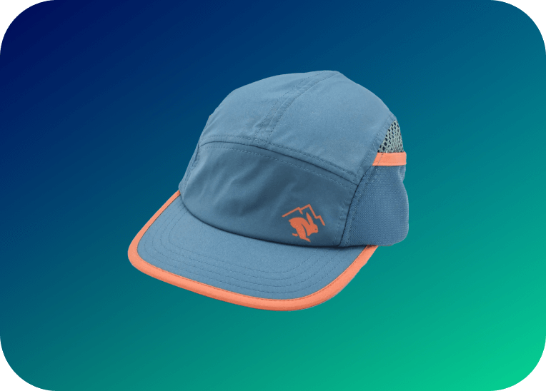 A brightly lit rabbit running hat against a colorful blue and green gradient.