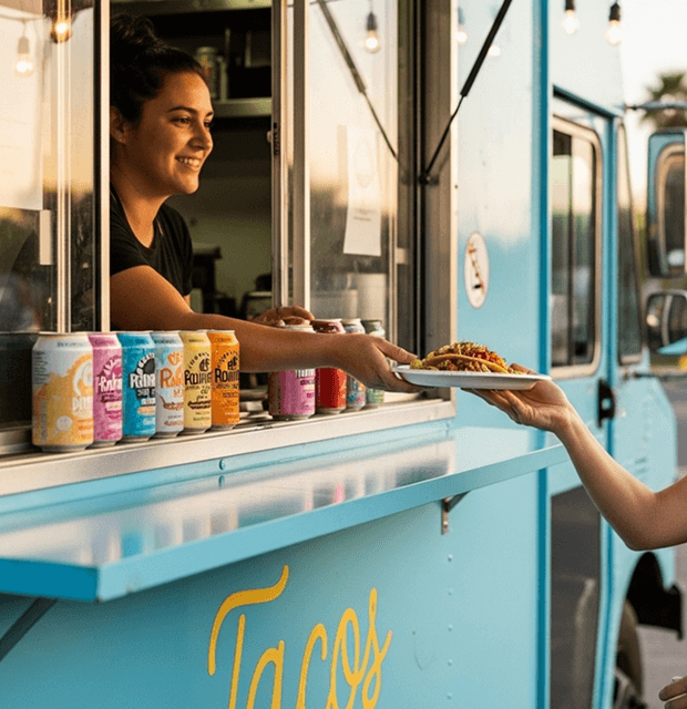 A woman orders a plate of tacos from an artisinal taco food truck.