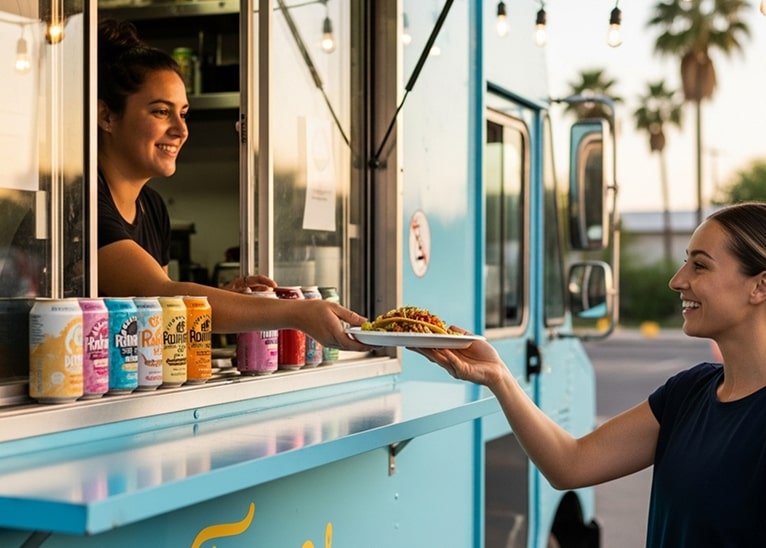 A woman orders a plate of tacos from an artisinal taco food truck.