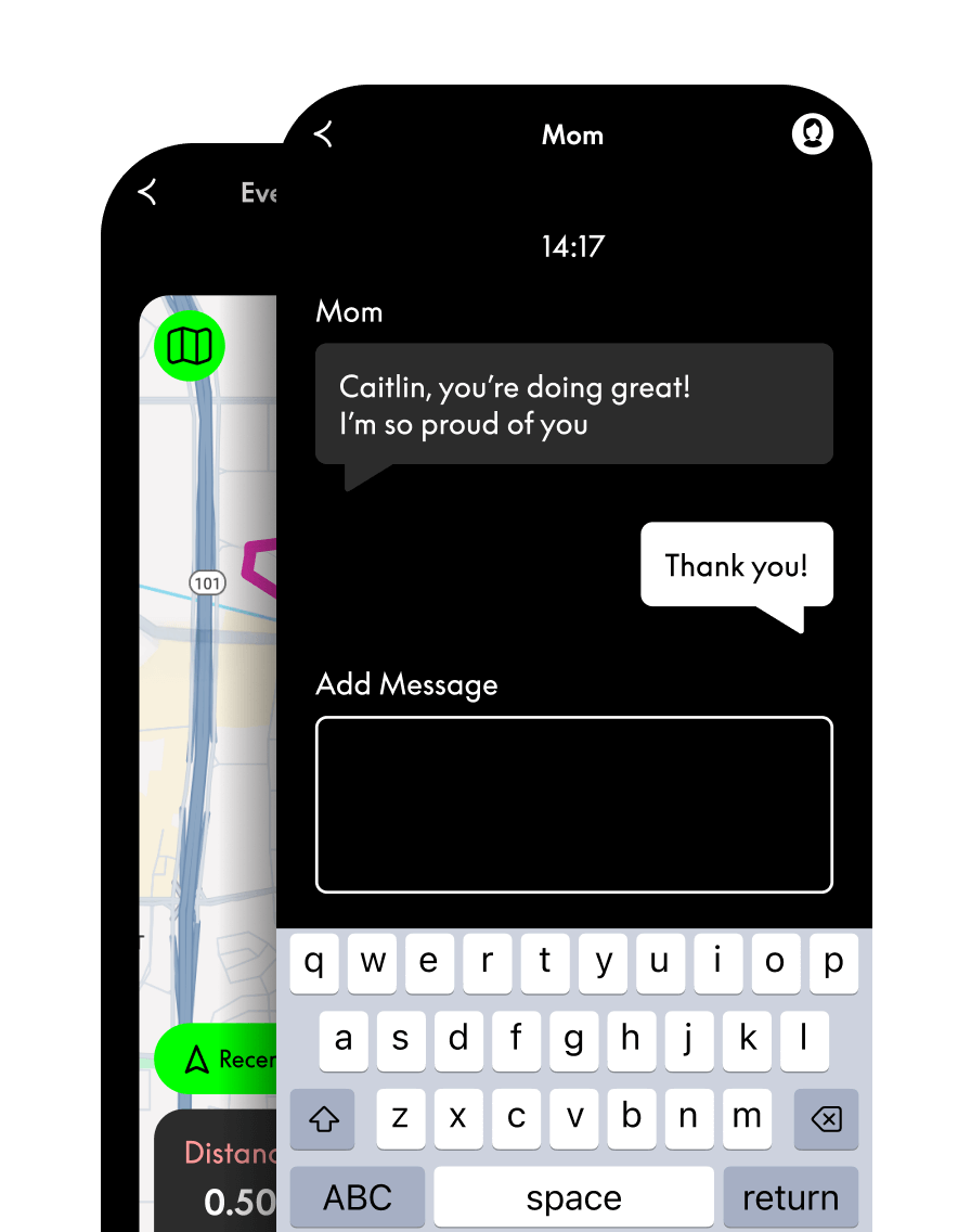 Screens of the Every Woman's Marathon App, showcasing the app features like Live Runner Tracking and in app audio and text messages.
