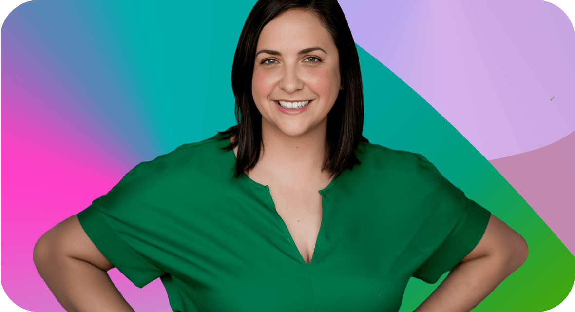 MALAIN MCCORMICK, Race Director, smiling with hands on hips in a green blouse against a colorful abstract background. 