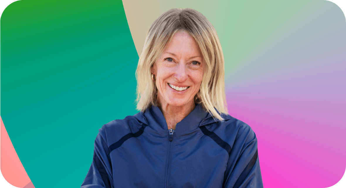 Portrait of Deena Kastor on a gradient background.