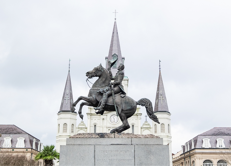 An equestrian statue of Andrew Jackson in center of Jackson Square.