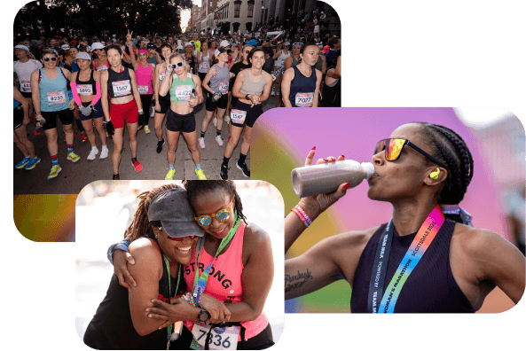 Three overlapping photos capture moments from Every Woman’s Marathons: a large crowd of runners at the starting line, two participants smiling and embracing, and a medal-wearing runner drinking chocolate milk from a bottle after the event.